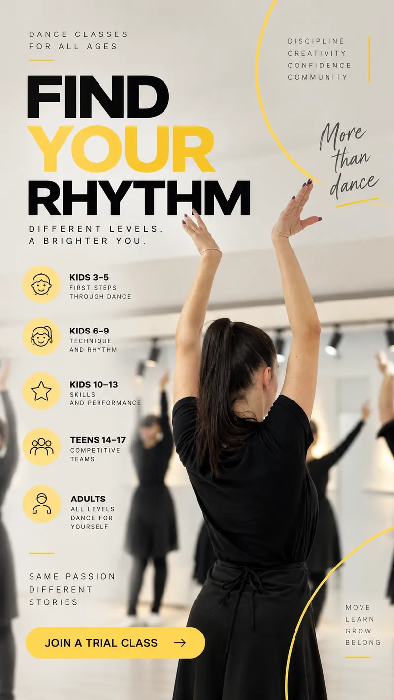 Креатив «Find Your Rhythm»: усі напрямки школи від дітей 3–5 років до дорослих груп