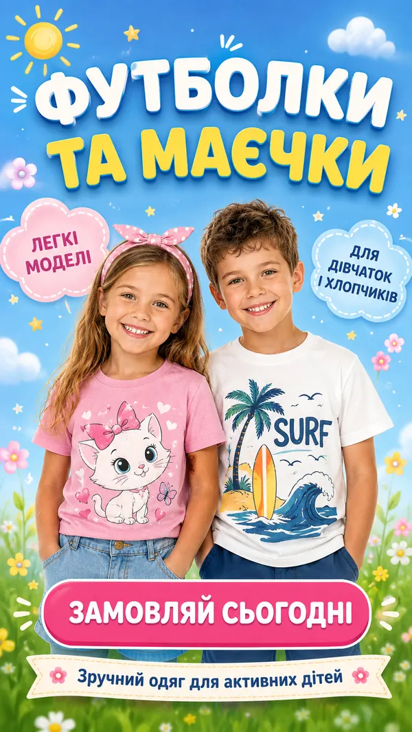 Креатив «Футболки та маєчки» — легкі моделі для дівчаток і хлопчиків