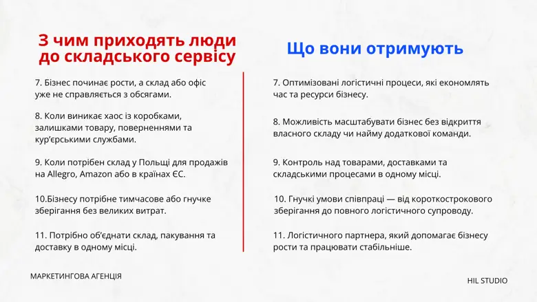 Слайд «З чим приходять люди до складського сервісу і що отримують» — пункти 7–11