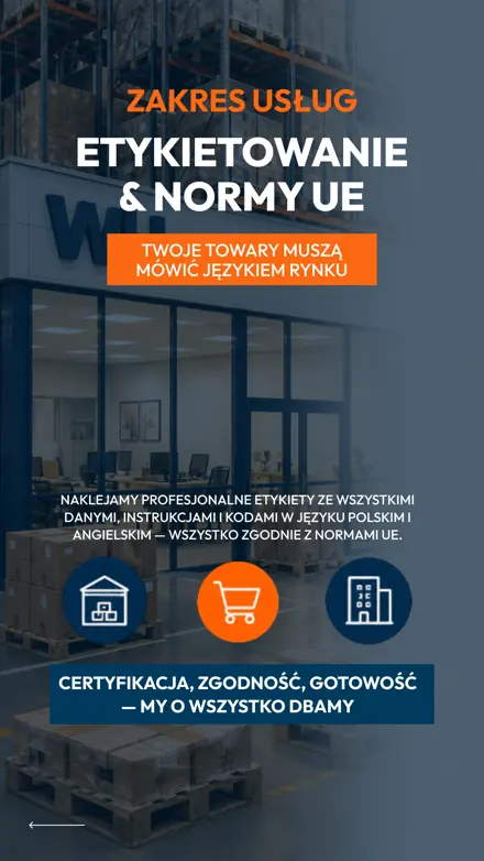 Сторіз «Zakres usług: Etykietowanie & normy UE» — маркування за нормами ЄС