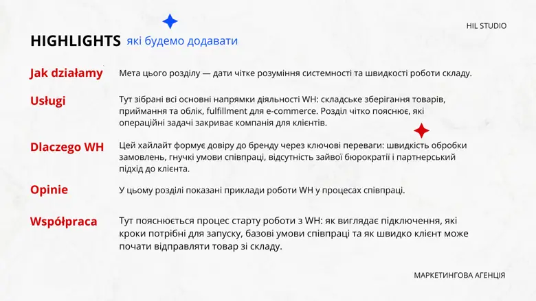 Слайд «Highlights, які будемо додавати» — Jak działamy, Usługi, Dlaczego WH, Opinie, Współpraca