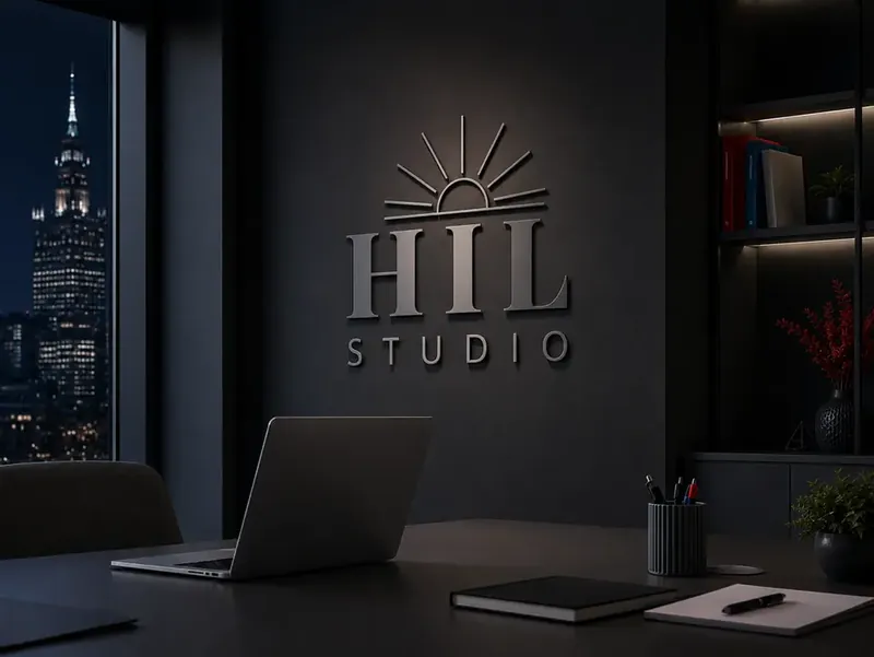 Офіс HIL STUDIO у Варшаві ввечері з логотипом на стіні