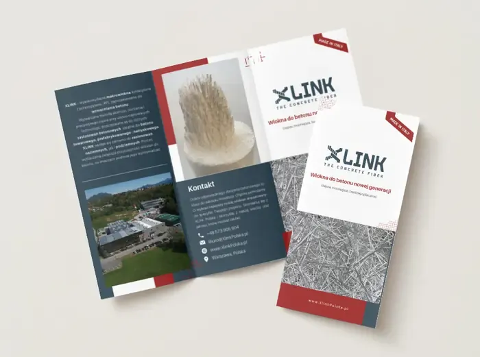 Розгорнутий буклет XLINK — «Włókna do betonu nowej generacji», розділи продукту й контакти