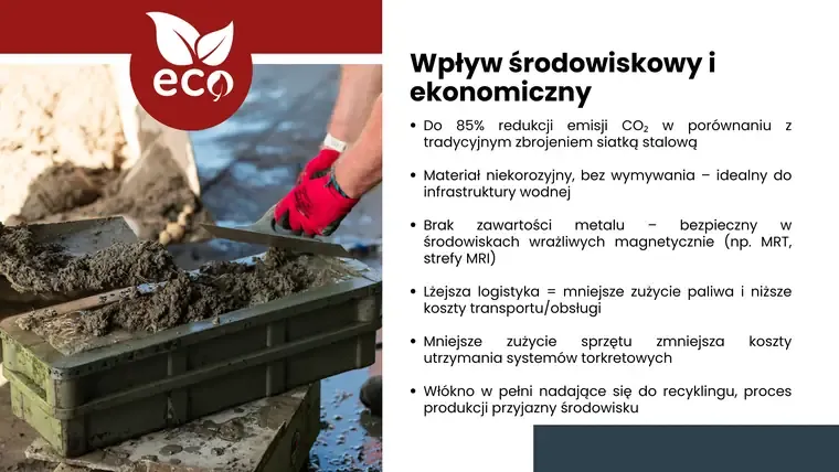 Слайд «Wpływ środowiskowy i ekonomiczny» — екологічний та економічний ефект застосування волокна