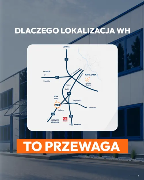 Слайд «Dlaczego lokalizacja WH to przewaga» зі схемою доріг біля Варшави