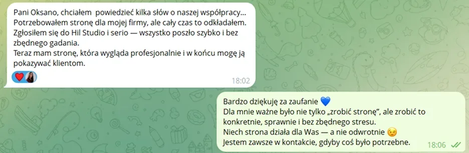 Переписка в Telegram: відгук власника OpSoft про роботу з Hil Studio