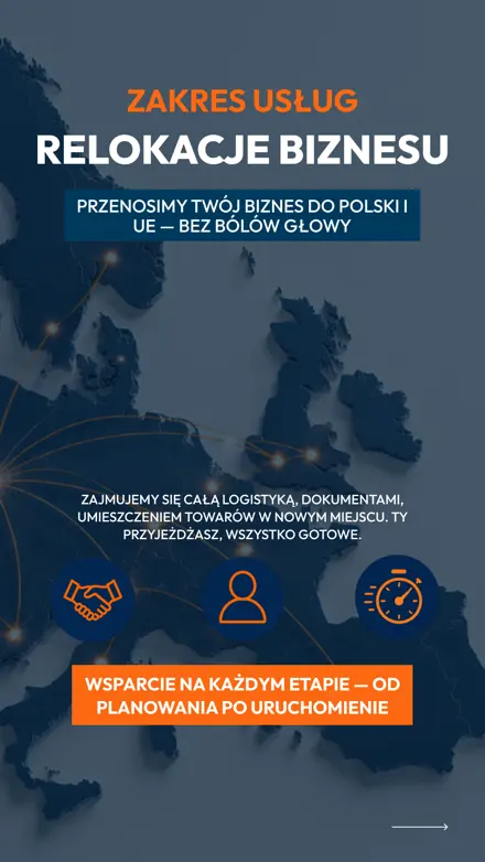 Сторіз «Zakres usług: Relokacje biznesu» — перенесення бізнесу до Польщі та ЄС