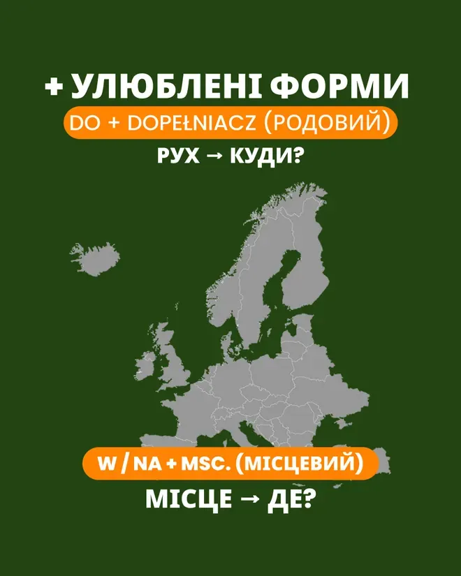 Слайд про улюблені форми: do плюс родовий відмінок для руху, w або na плюс місцевий для місця
