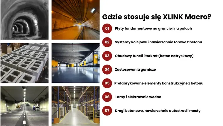 Слайд «Gdzie stosuje się XLINK Macro?» — фундаменти, тунелі, дороги, гідротехніка