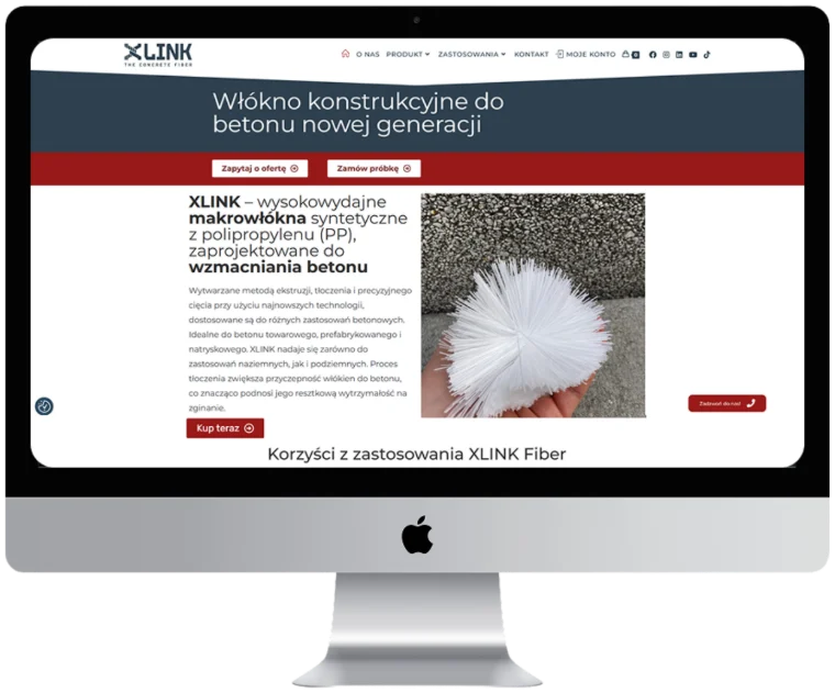 Сайт xlinkpolska.pl на моніторі iMac — секція «Korzyści z zastosowania XLINK Fiber»
