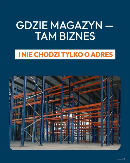 Слайд «Gdzie magazyn — tam biznes» з високостелажним складом