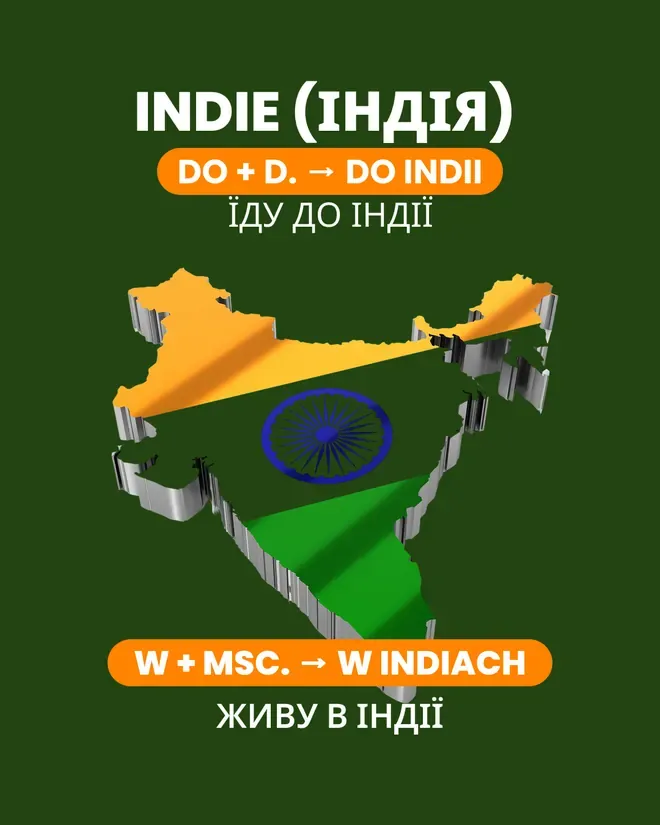 Слайд «Indie» — їду до Індії, живу в Індії, do Indii і w Indiach